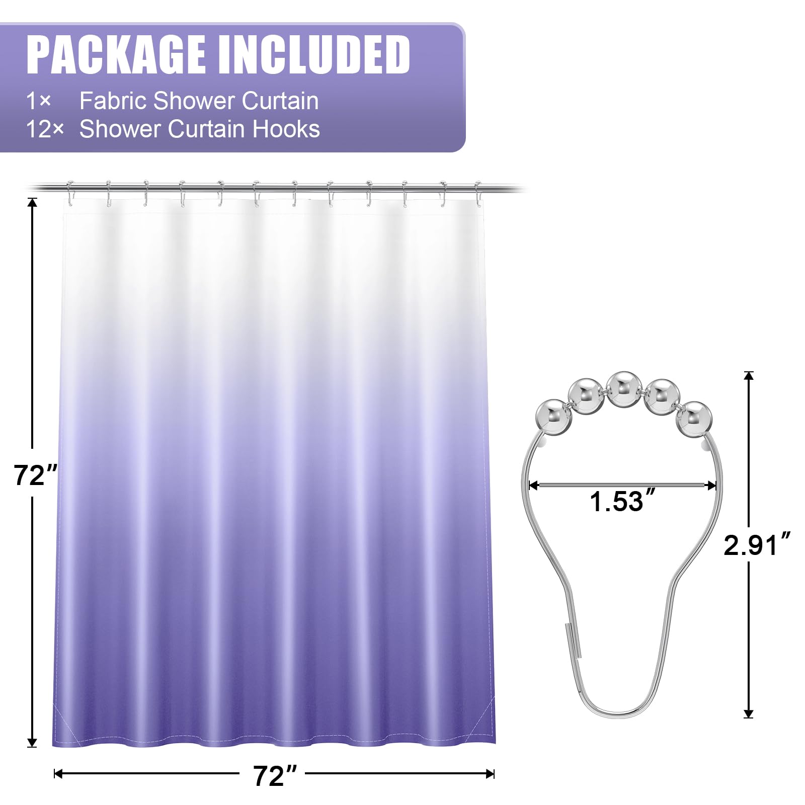 OLANLY Luxury Black and Grey Ombre Shower Curtain Sets with 12 Hooks, Waterproof and Washable Decorative Shower Curtains for Bathroom, 72x72 Inches