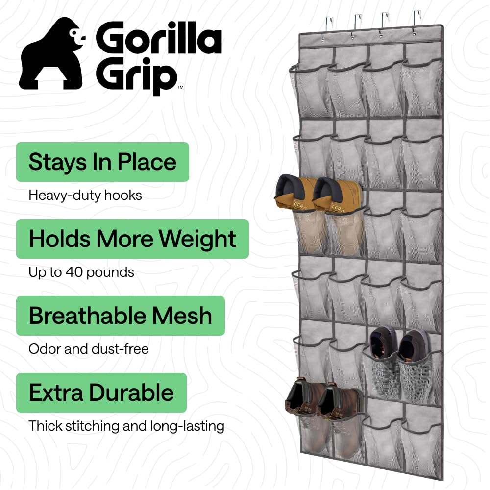 GORILLA GRIP Over the Door Shoe Organizer, 24 Large Breathable Mesh Pockets, Space Saving Hanging Storage Holder, Closet Rack Hanger Holds Up to 40 lbs, Hangs on Closets for Shoes, Accessories, Black