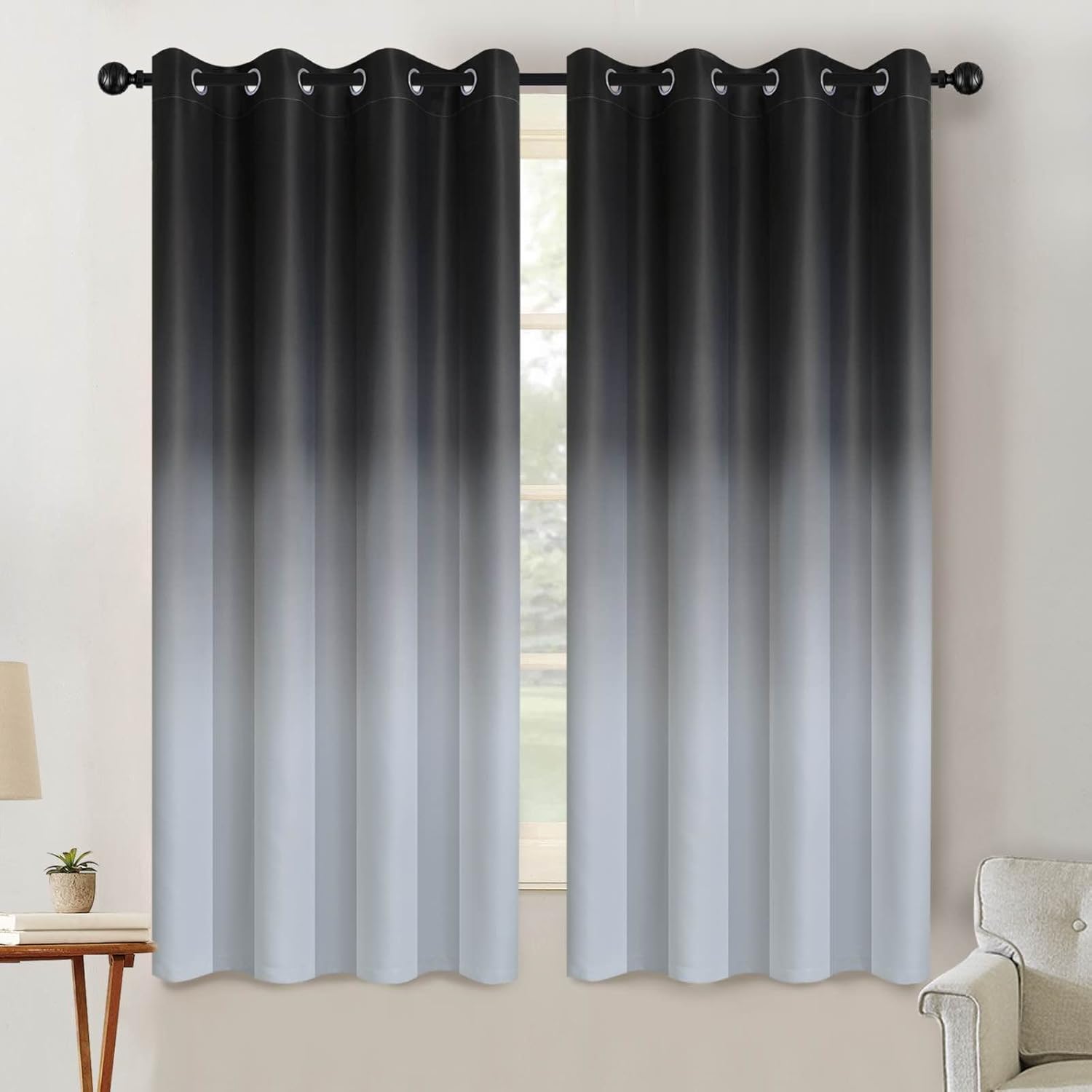 SimpleHome Ombre Room Darkening Curtains for Bedroom, Gradient Black to Grey White Light Blocking Thermal Insulated Grommet Window Curtain/Drapes for Living Room,2 Panels, 52x84 inches Length