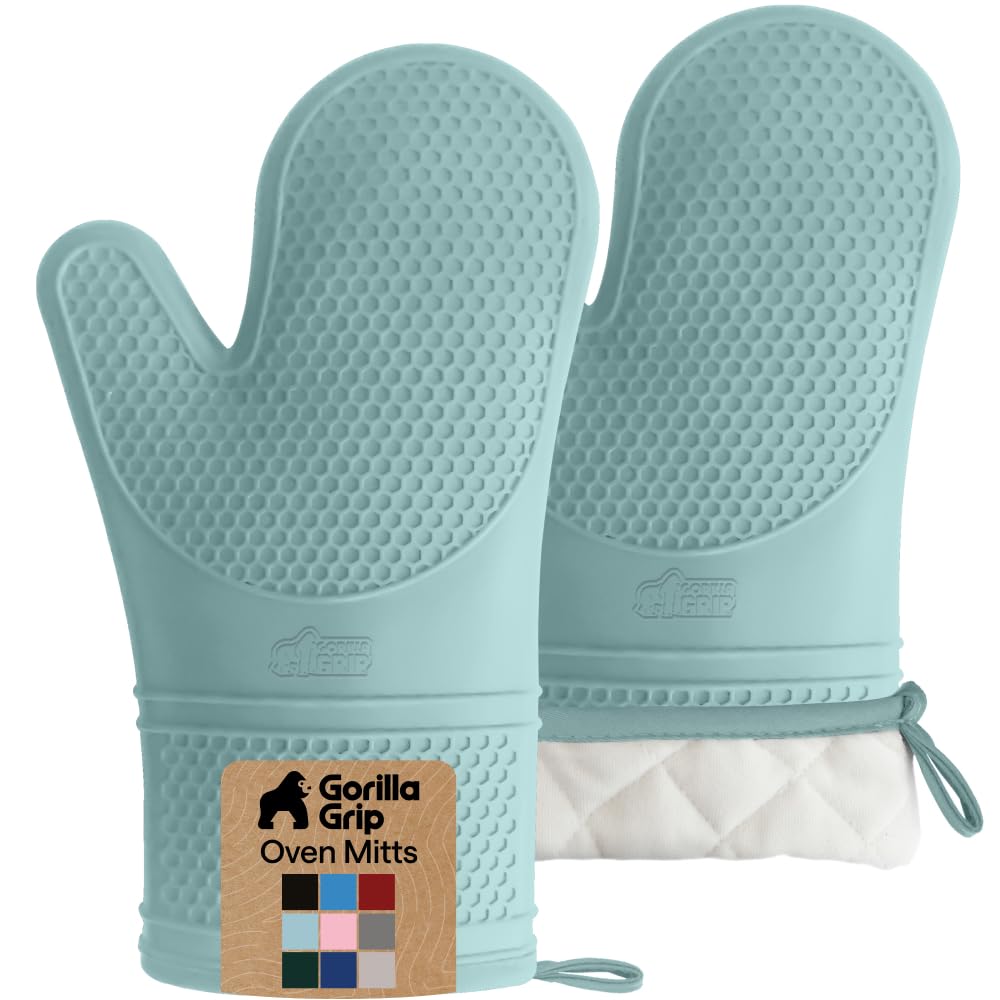 GORILLA GRIP BPA-Free Soft Silicone Oven Mitts, Heat Resistant and Waterproof Cooking Safety Gloves, Thick Cotton Lining, Flexible Gripping, Kitchen Potholders Set, for Grilling, BBQ, 12.5x8.3, Black