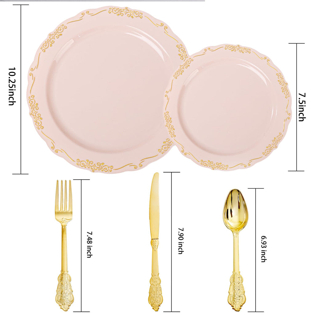 DaYammi 150Pcs Ivory Plastic Plates with Gold Rim,Disposable Plastic Plates Include 30 Dinner Plate,30 Salad Plate,30 Forks,30 Spoons,30 Knives,Ivory and Gold Plates for Party,Wedding,Mother's Day