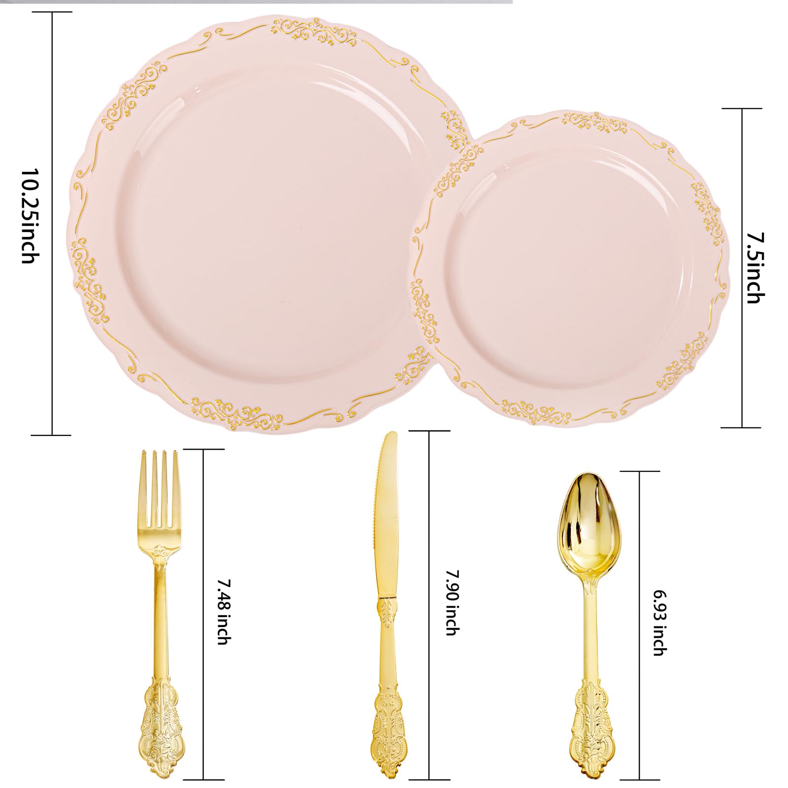 DaYammi 150Pcs Ivory Plastic Plates with Gold Rim,Disposable Plastic Plates Include 30 Dinner Plate,30 Salad Plate,30 Forks,30 Spoons,30 Knives,Ivory and Gold Plates for Party,Wedding,Mother's Day