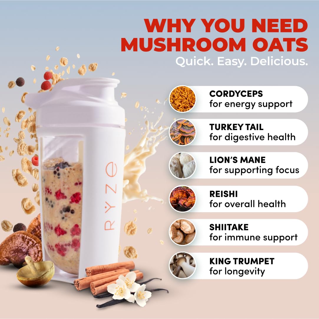 RYZE SUPERFOODS Mushroom Dark Roast Coffee (30 Servings) + Mushroom Overnight Oats (14 Servings), USDA Organic with 6 Adaptogenic Mushrooms
