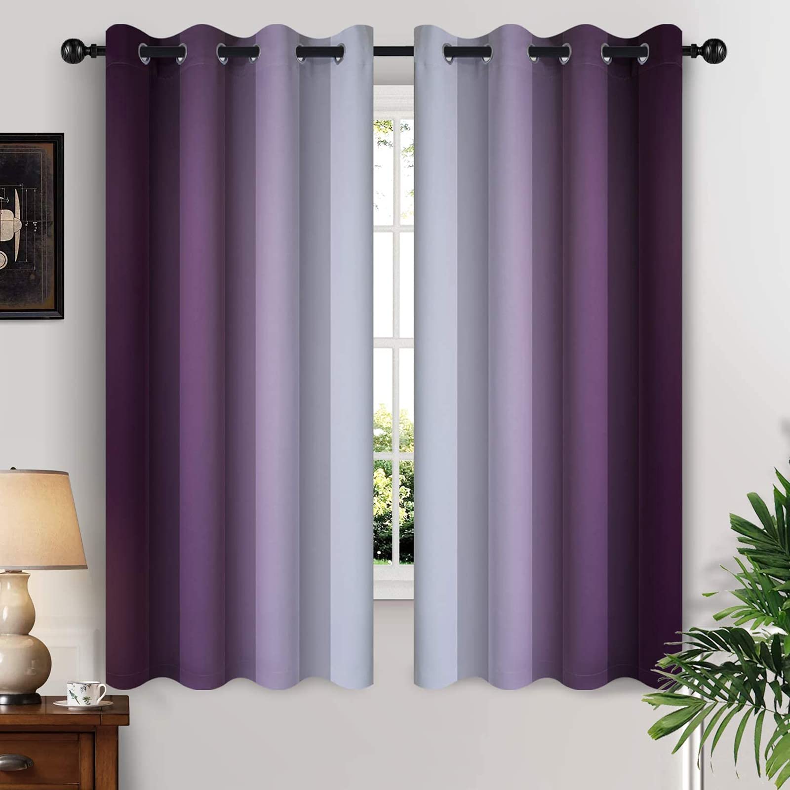 Yakamok Blue and Greyish White Ombre Curtains, Room Darkening Gradient Color Curtains for Bedroom, Light Blocking Thermal Insulated Window Drapes for Living Room(2 Panels, 52x84 Inch)
