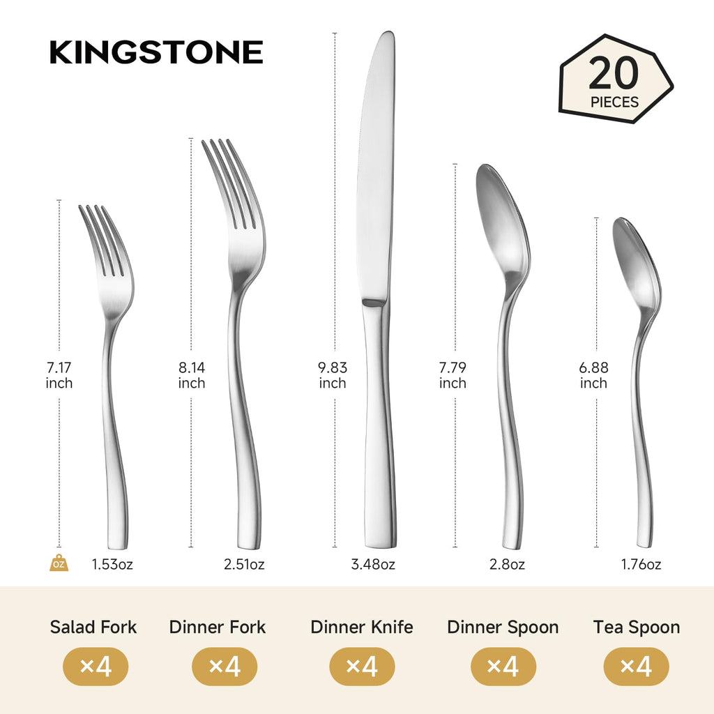 KINGSTONE 30-Piece Silverware Set for 6, Matte Stainless Steel Flatware Set with Forks, Knives, Spoons, Dishwasher Safe, Rust Resistant Cutlery for Home & Wedding