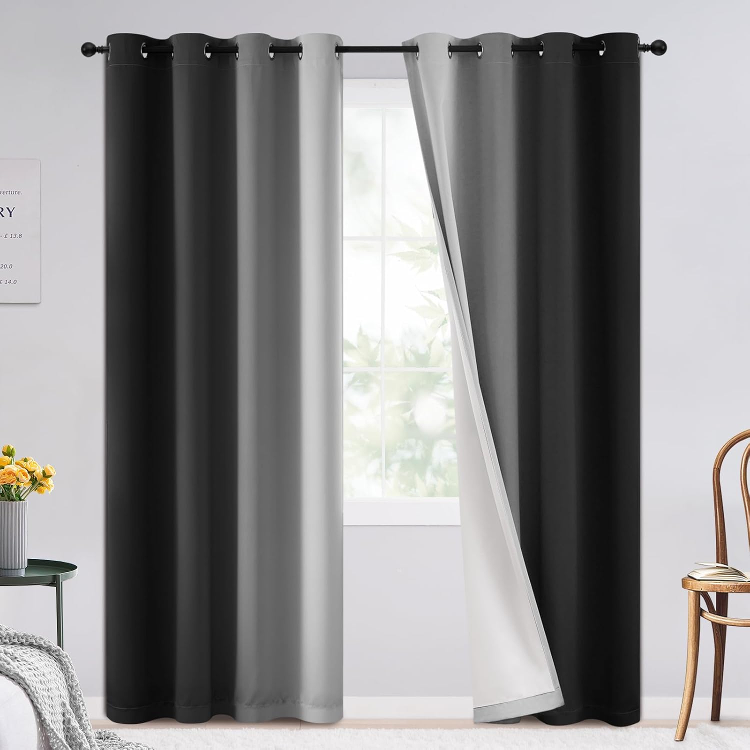 SimpleHome Ombre Room Darkening Curtains for Bedroom, Gradient Black to Grey White Light Blocking Thermal Insulated Grommet Window Curtain/Drapes for Living Room,2 Panels, 52x84 inches Length