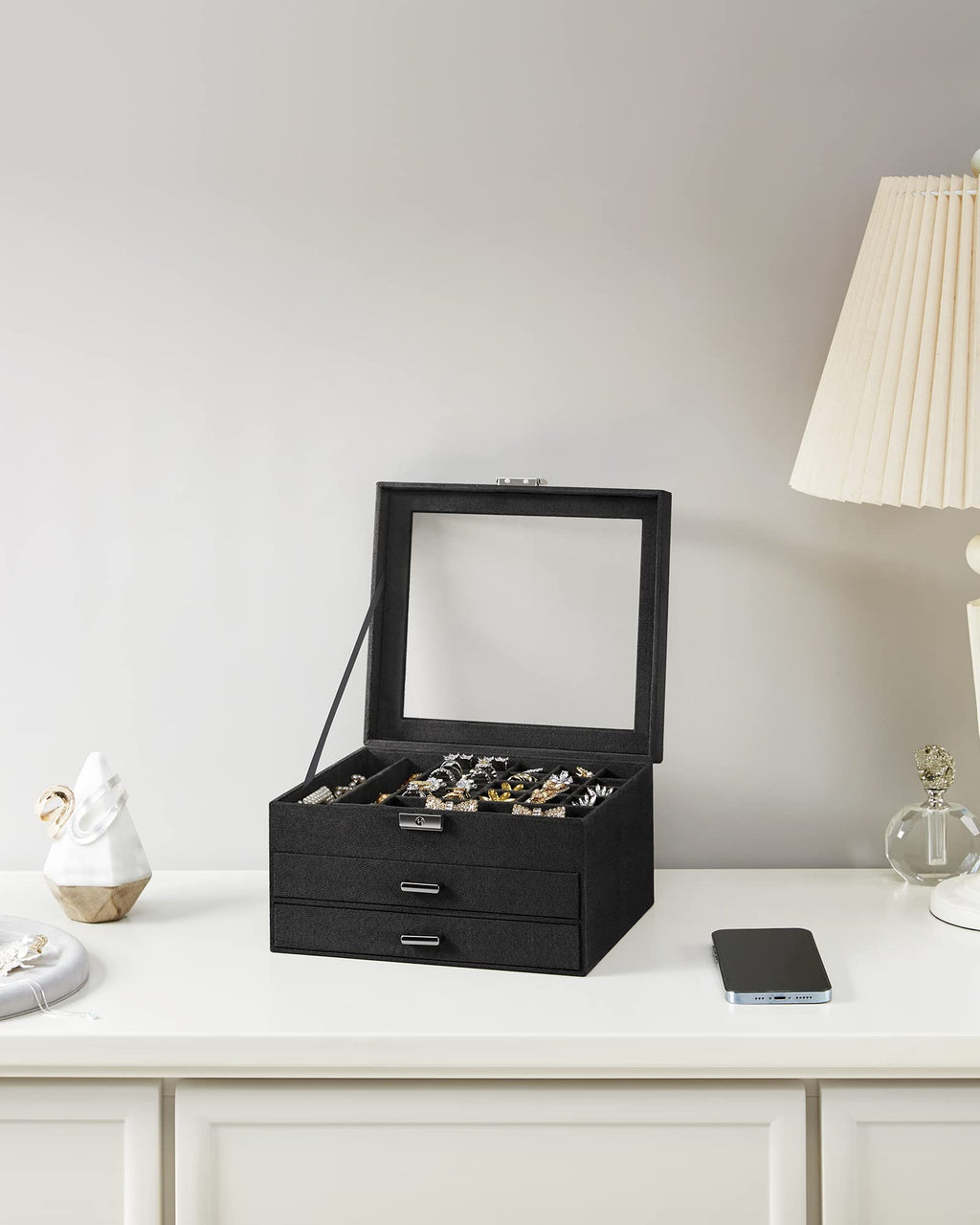 SONGMICS 3-Tier Jewelry Box, Travel Jewelry Case with Handle, 2 Drawers, Lockable Jewelry Organizer with Mirror, Jewelry Storage, Modern Style, Gift for Loved Ones, White UJBC154W01