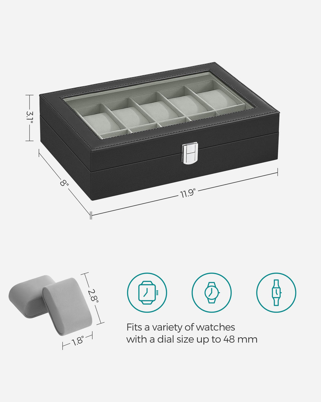 SONGMICS Watch Box, 12-Slot Watch Case Organizer with Large Glass Lid, Removable Pillows, Gift for Loved Ones, Black Synthetic Leather, Gray Lining UJWB12BK