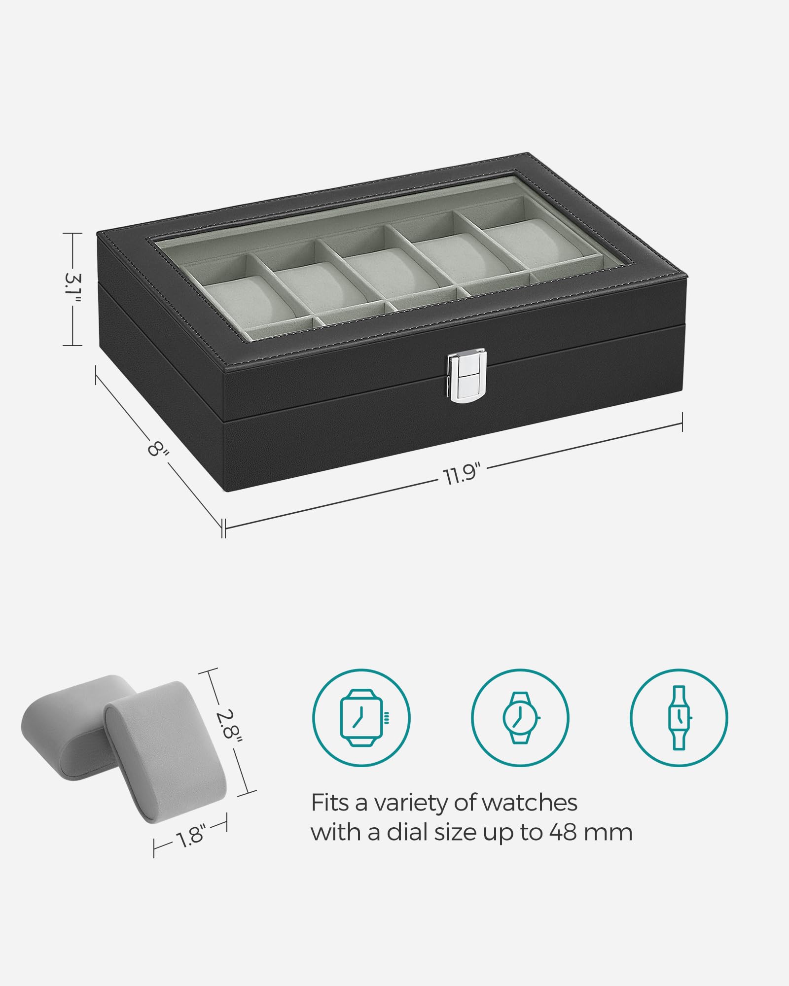 SONGMICS Watch Box, 12-Slot Watch Case Organizer with Large Glass Lid, Removable Pillows, Gift for Loved Ones, Black Synthetic Leather, Gray Lining UJWB12BK