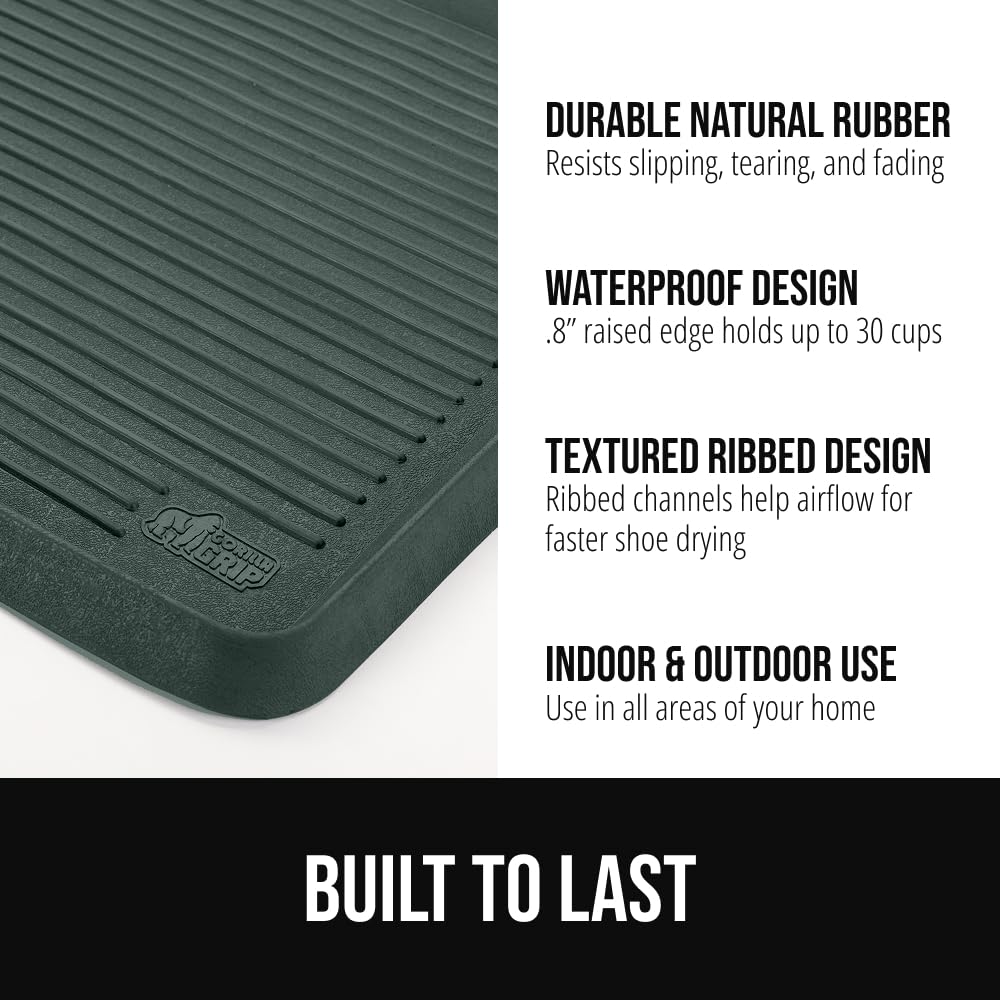 GORILLA GRIP Natural Rubber Indoor Outdoor Boot Tray for Shoes, 32x16, Waterproof Winter Mat with Raised Edges, Handles, Tear Resistant Heavy Duty Home Garage Floor Mats, Easy Clean Shoe Trays, Black
