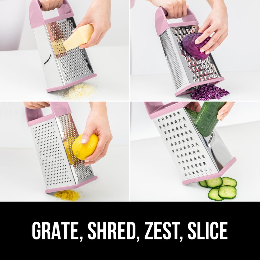 GORILLA GRIP 4-Sided Stainless Steel Cheese Grater With Container, 100% BPA-Free Box Grater, Slip Resistant Base and Handle, Grate Parmesan, Hard Cheeses, Shred Vegetables, Dishwasher Safe, Black