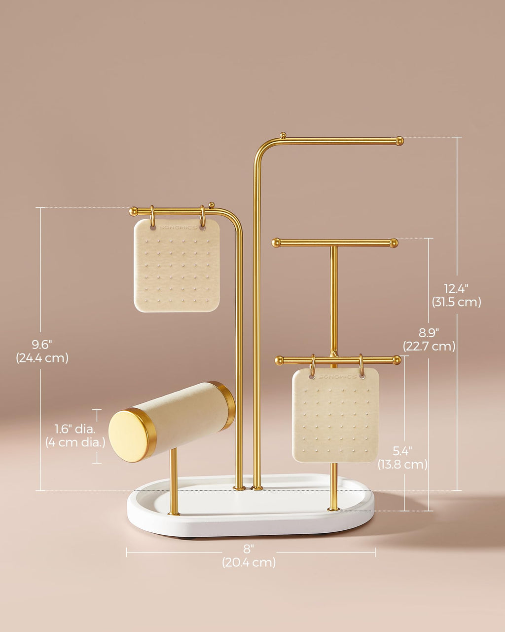 SONGMICS Jewelry Stand, Jewelry Organizer, Jewelry Display Holder with Metal Frame, 2 Earring Boards, 4 Hanging Rods, Necklace Earring Bracelet Holder, for Watches, Metallic Gold UJJS025A01