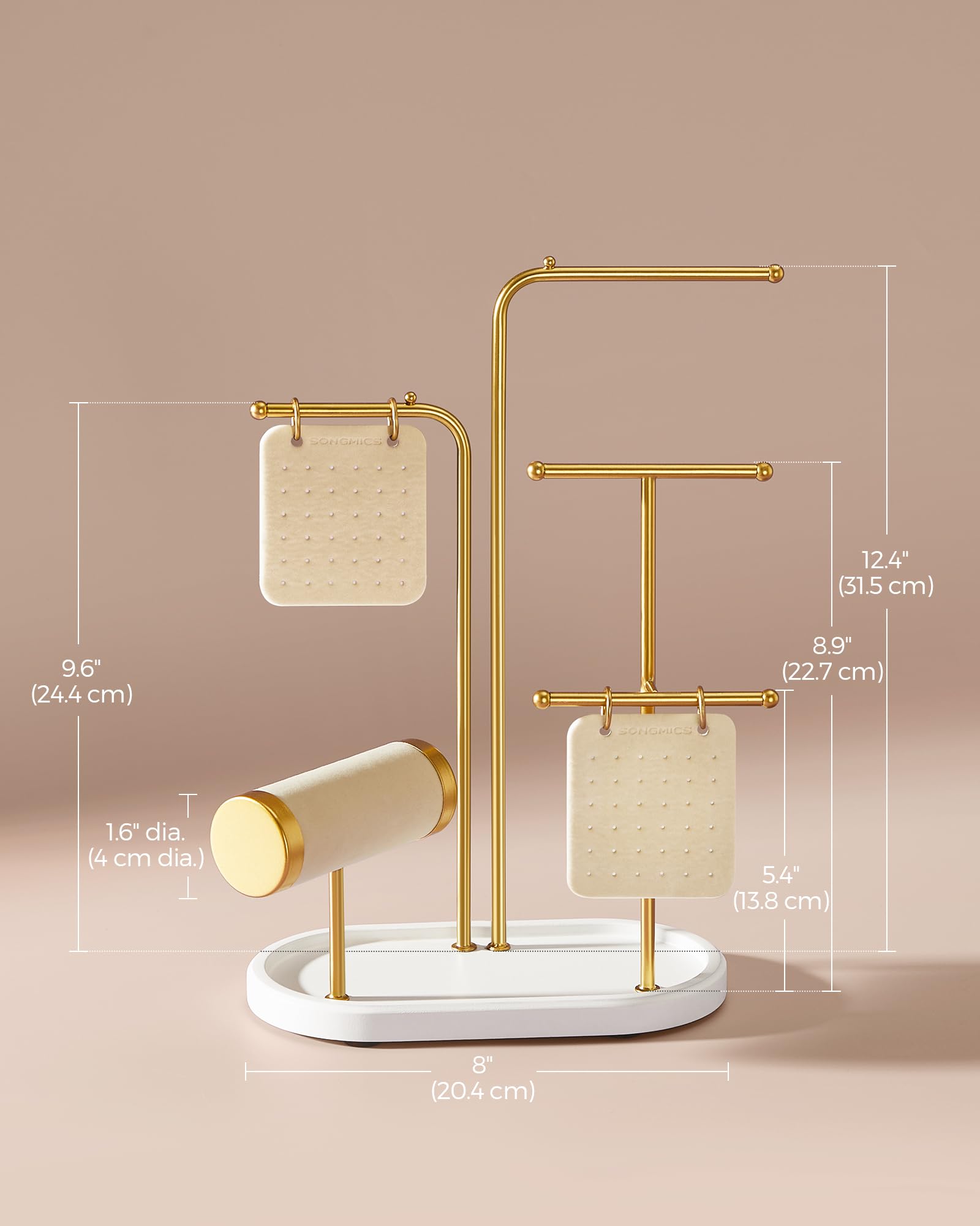 SONGMICS Jewelry Stand, Jewelry Organizer, Jewelry Display Holder with Metal Frame, 2 Earring Boards, 4 Hanging Rods, Necklace Earring Bracelet Holder, for Watches, Metallic Gold UJJS025A01