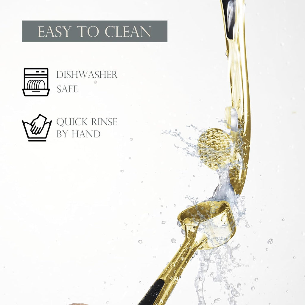 Kitessensu High Effective Premium Garlic Press Set, With Silicone Garlic Peeler & Brush, Heavy Duty Garlic Mincer, Easy to Squeeze and Clean, Rust Proof & Dishwasher Safe - Gold