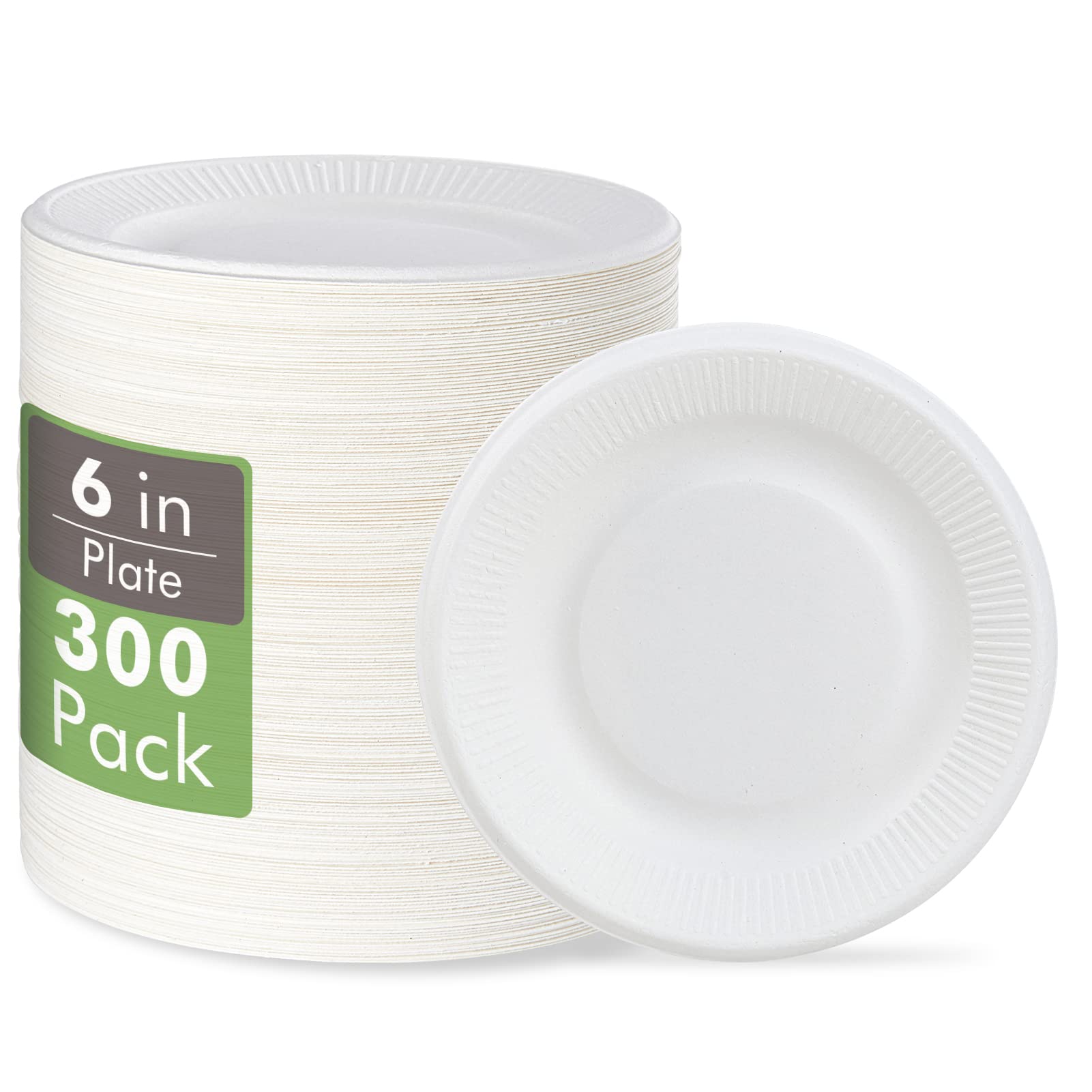 Vplus 100% Compostable Small Paper Plates, 300 Pack 6 Inch Disposable Paper Plates, Uncoated Biodegradable, Made of Sugar Cane Fibers, Perfect for Sandwich, Cake, and Snack