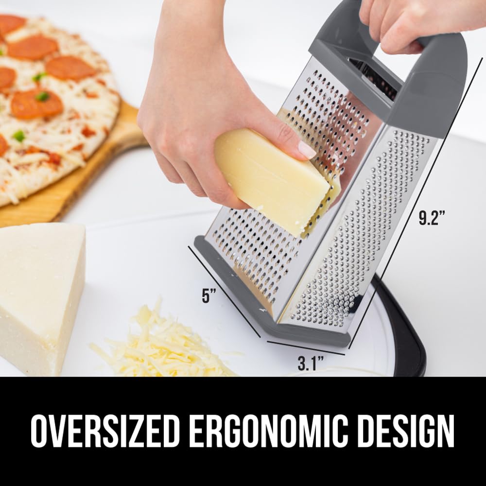 GORILLA GRIP 4-Sided Stainless Steel Cheese Grater With Container, 100% BPA-Free Box Grater, Slip Resistant Base and Handle, Grate Parmesan, Hard Cheeses, Shred Vegetables, Dishwasher Safe, Black