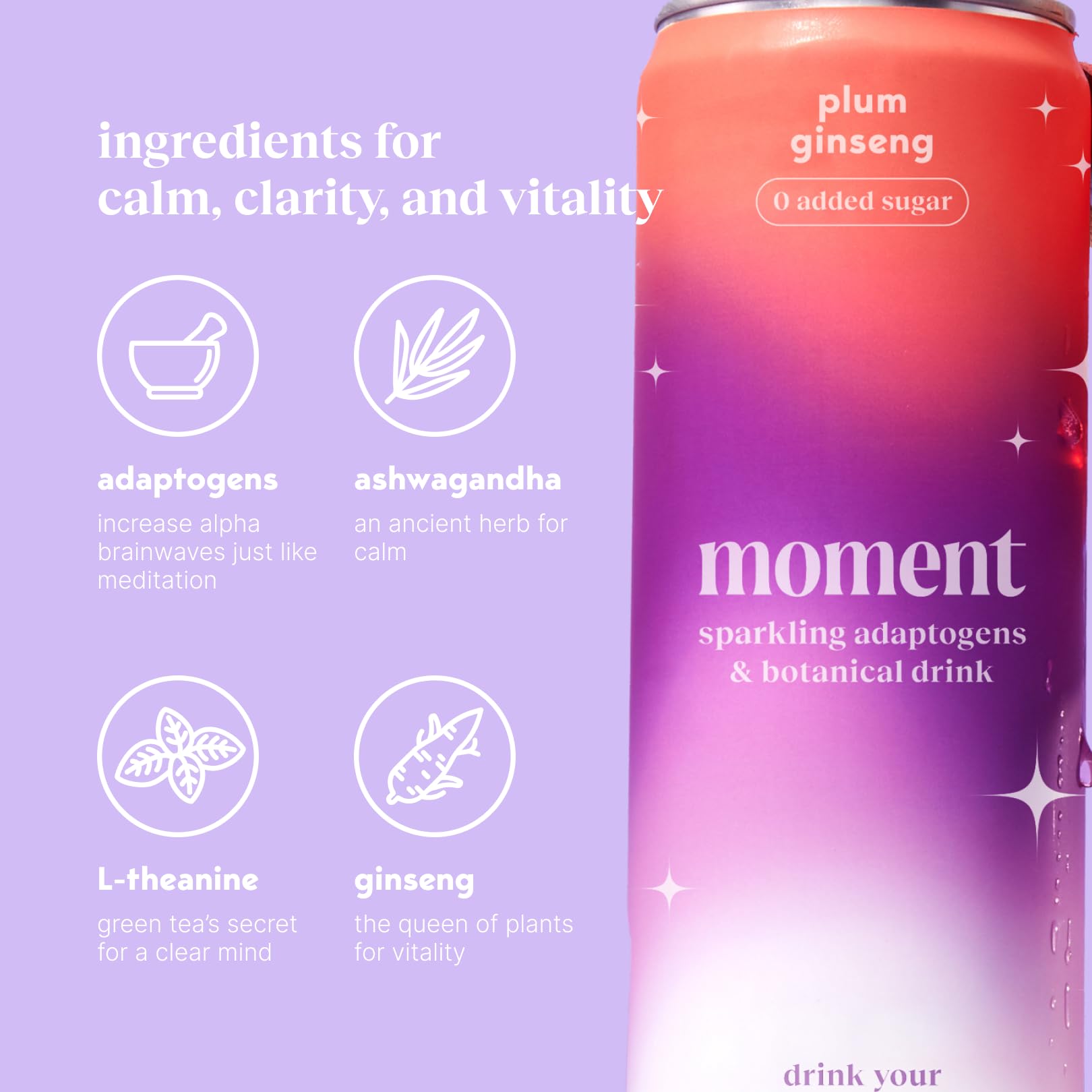 Moment Mocktails Non-Alcoholic Drinks (Shark Tank) - Calm, Clarity & Relaxation with L-Theanine & Ashwagandha - Sparkling Adaptogen Drink - 0 Sugar 0 Caffeine - 12 Pack 11.5 fl oz - Classics