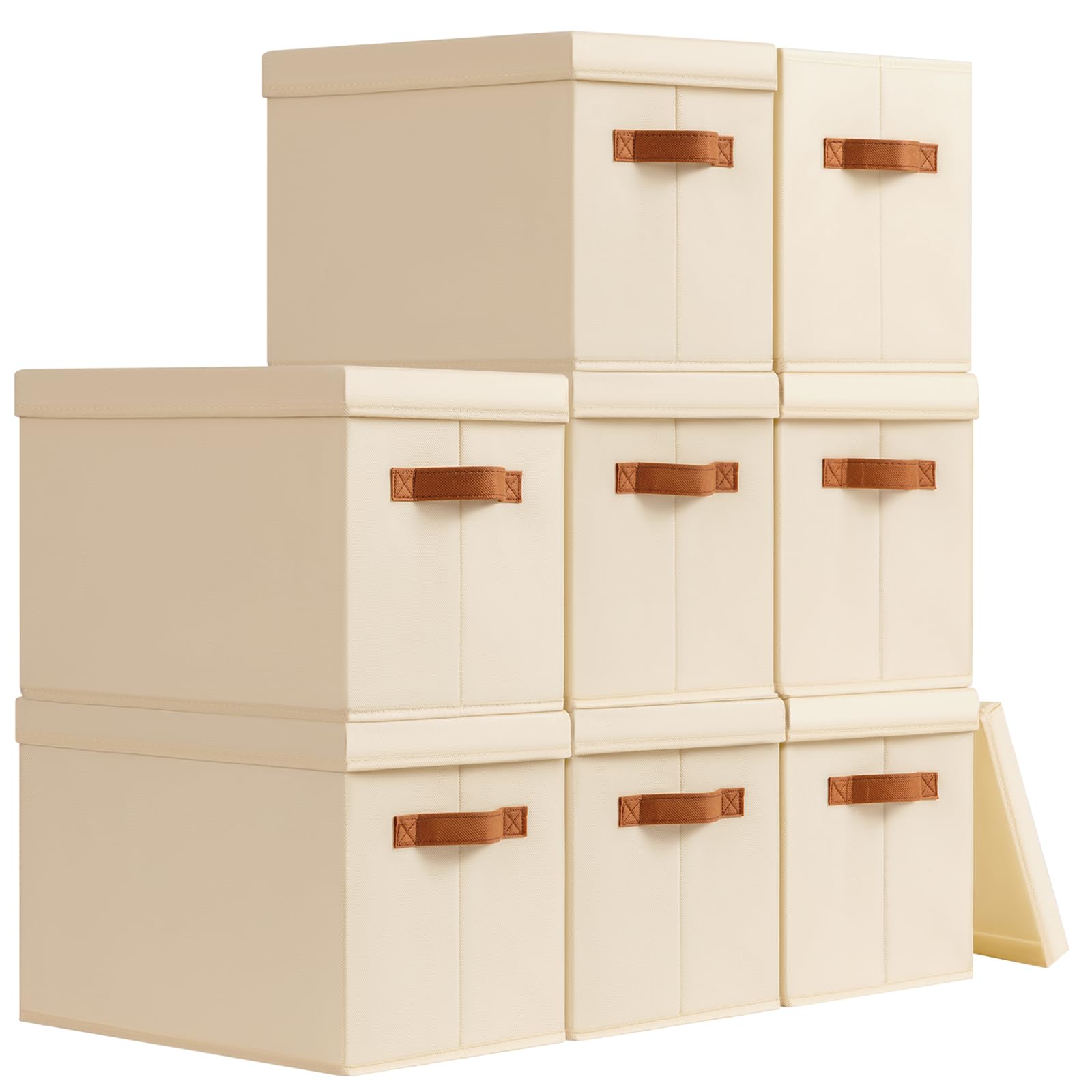 Homsorout Storage Bins with Lids - Fabric Storage Baskets for Shelves, 6 Pack Foldable Decorative Boxes with Handles, Stackable Organizer Bins for Home, Nursery, Dorm, Beige