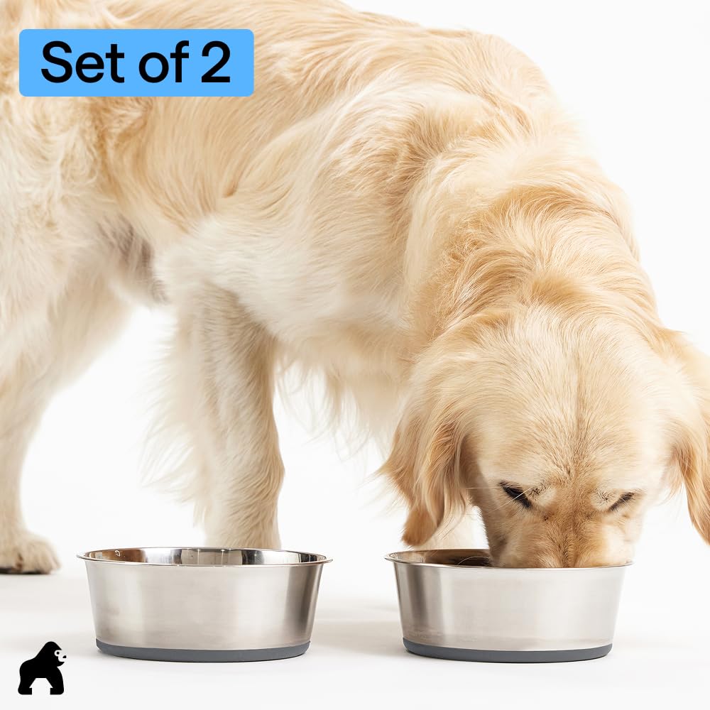 GORILLA GRIP Dog Bowls, Heavy Duty 304 Stainless Steel, Holds 2 Cups Each (16 fl oz) Food and Water Bowl for Feeding Dogs and Cats, Dishwasher Safe, Rust Resistant, BPA Free Rubber Base Set of 2 Black
