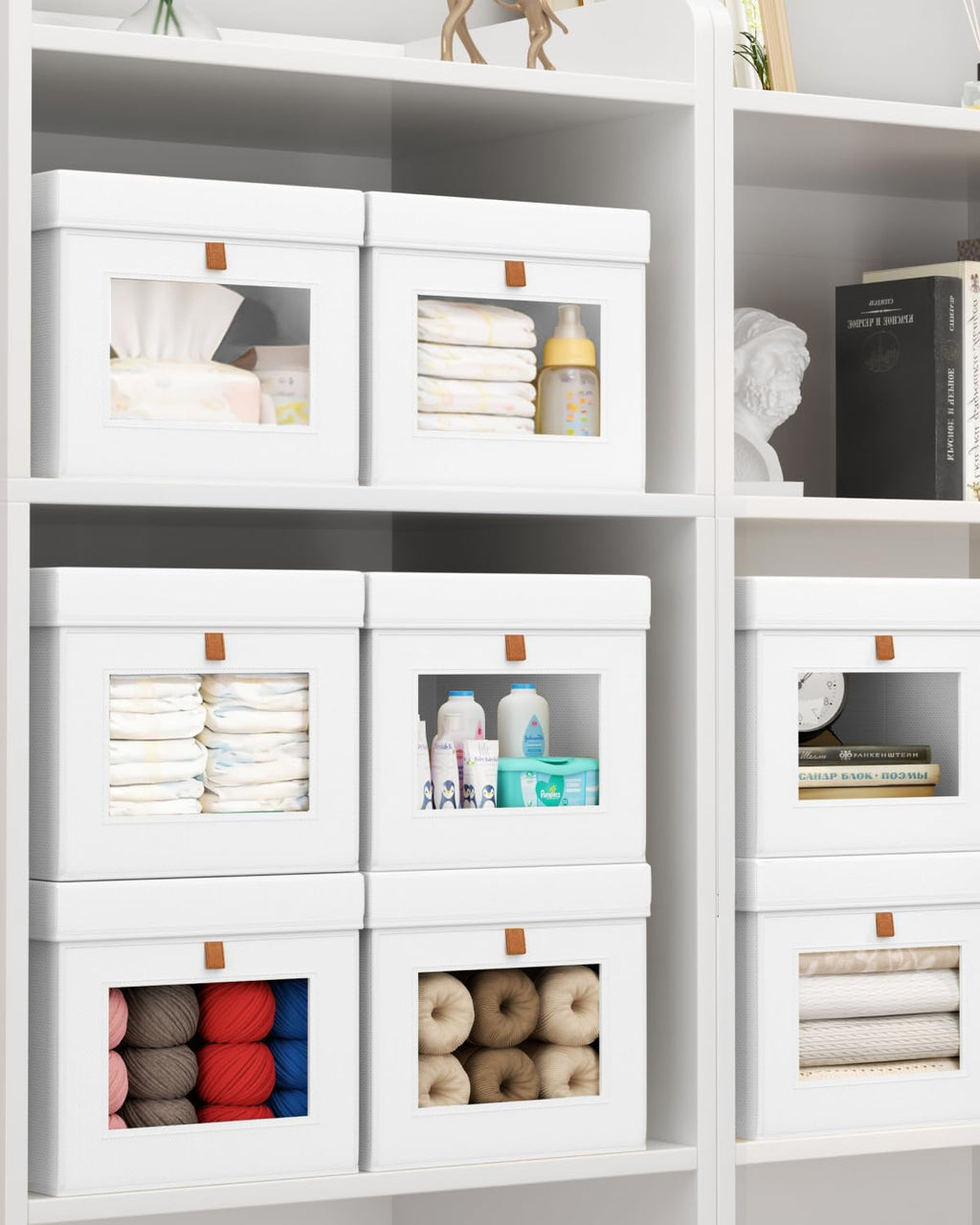Homsorout Collapsible Storage Bins with Lids - Beige & White, Stackable Storage Containers with Window, Fabric Organizing Bins for Closet, Home & Office Organization Baskets