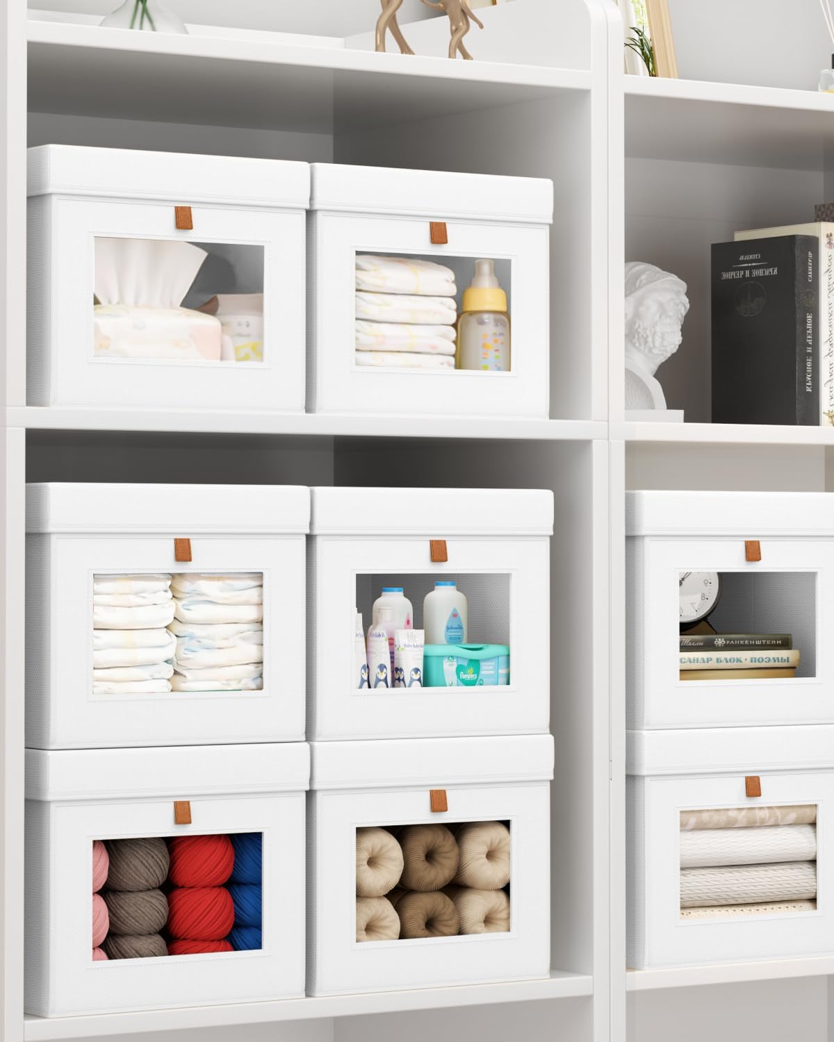 Homsorout Collapsible Storage Bins with Lids - Beige & White, Stackable Storage Containers with Window, Fabric Organizing Bins for Closet, Home & Office Organization Baskets