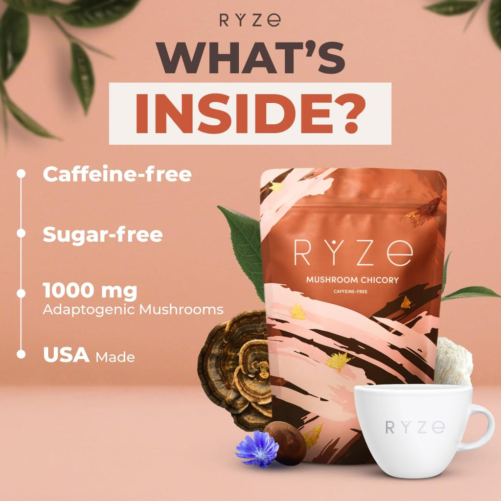 RYZE SUPERFOODS Mushroom Medium Roast Coffee USDA Organic with 6 Adaptogenic Mushrooms, USA Grown Instant Coffee for Better Energy, Focus Digestion Immunity with Lions Mane & Turkey Tail 30 Servings