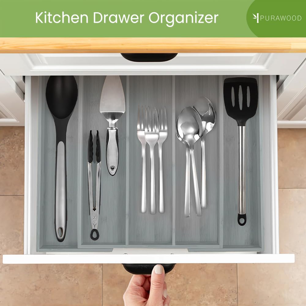 Purawood Bamboo Drawer Organizer - Expandable Silverware Organizer & Utensil Drawer Organizer, Cutlery Tray with Dividers, 7-9 Slots- Kitchen Organizer for Utensils & Flatware (Natural)