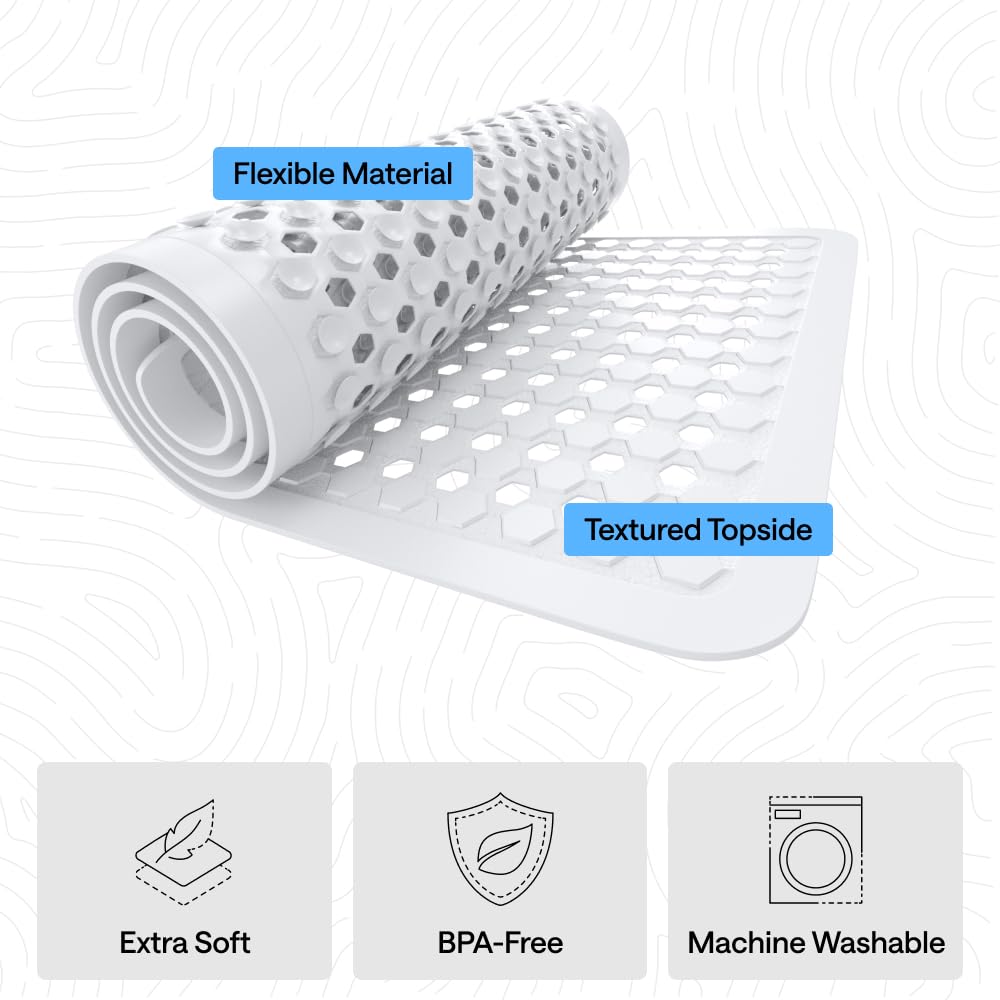 GORILLA GRIP Patented Bath Tub Shower Mat, Machine Washable Bathtub Floor Liner Mats, Suction Cups and Drain Holes to Keep Tubs Clean, Soft on Feet, Bathroom Essentials, 35x16 Inch, Clear