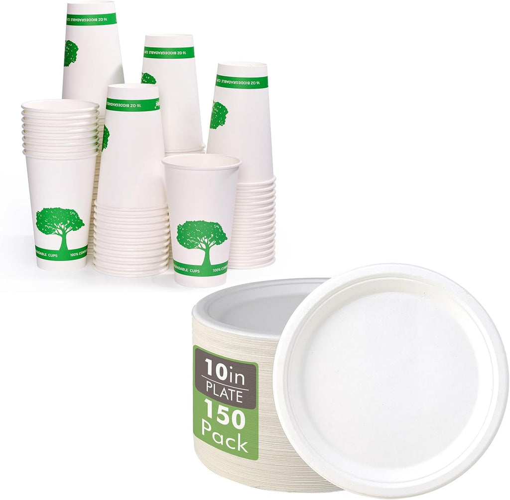 Vplus 150 Pack Compostable Disposable Paper Plates 10.25 inch and 240 Pack 16 oz Compostable Paper Cups