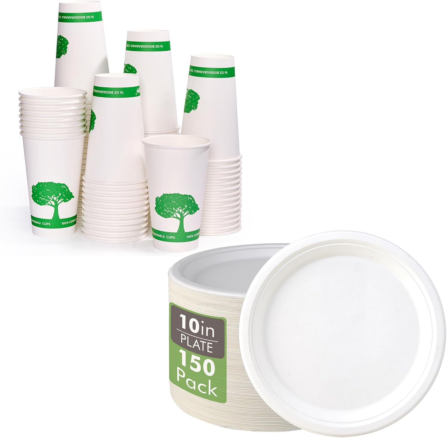 Vplus 150 Pack Compostable Disposable Paper Plates 10.25 inch and 240 Pack 16 oz Compostable Paper Cups