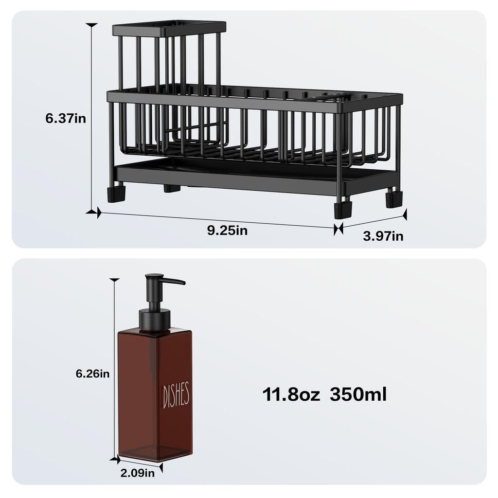 Cisily Juego de dispensador de jabón de cocina con organizador para fregadero, botella de vidrio de 12 onzas, dispensador de jabón para manos y platos con soporte para esponja, accesorios organizadores de fregadero de cocina de acero inoxidable negro