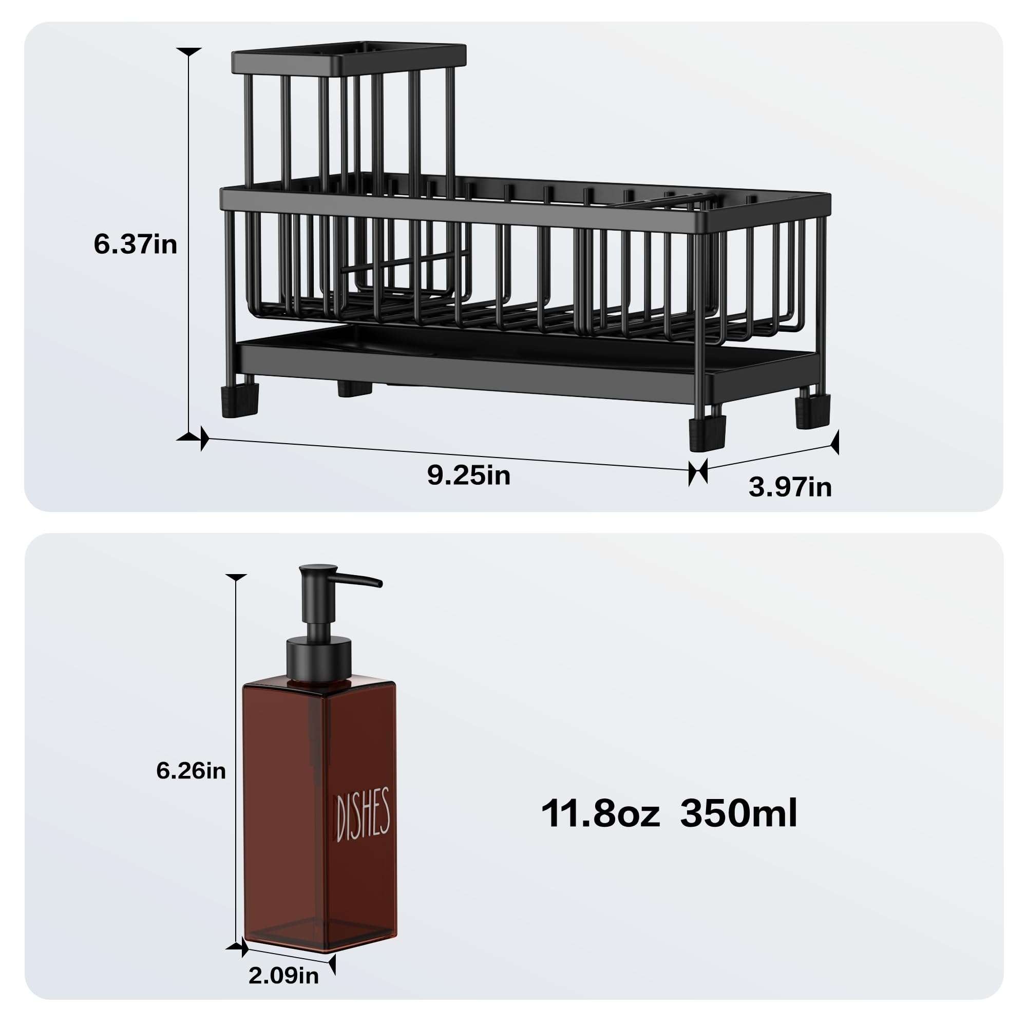 Cisily Juego de dispensador de jabón de cocina con organizador para fregadero, botella de vidrio de 12 onzas, dispensador de jabón para manos y platos con soporte para esponja, accesorios organizadores de fregadero de cocina de acero inoxidable negro
