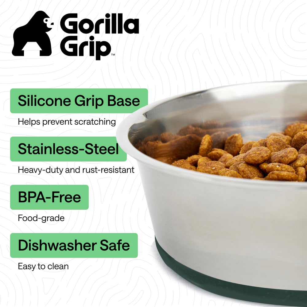 GORILLA GRIP Dog Bowls, Heavy Duty 304 Stainless Steel, Holds 2 Cups Each (16 fl oz) Food and Water Bowl for Feeding Dogs and Cats, Dishwasher Safe, Rust Resistant, BPA Free Rubber Base Set of 2 Black