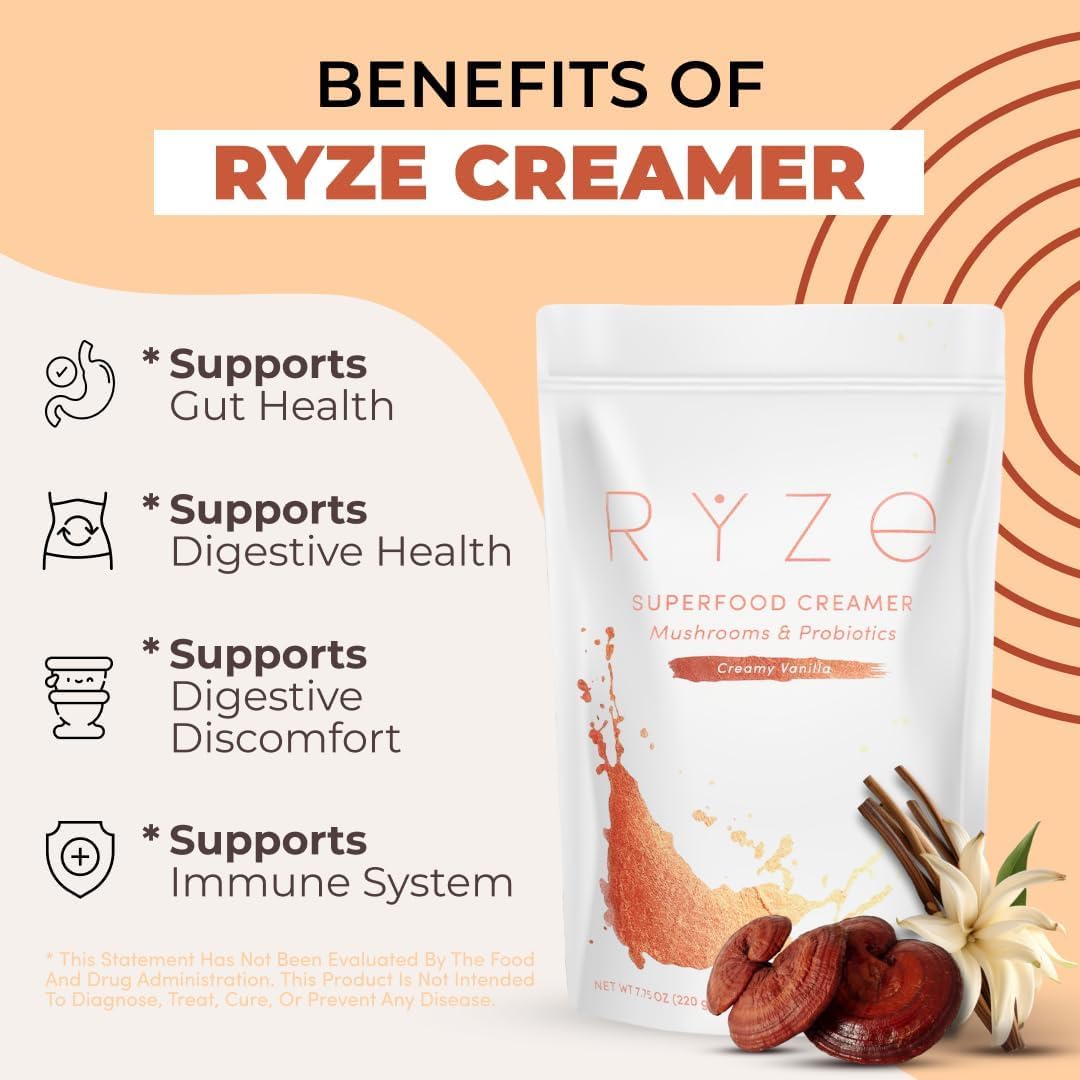 RYZE SUPERFOODS Mushroom Medium Roast Coffee Starter Kit, USDA Organic Instant Coffee with 6 Adaptogenic Mushrooms and for Energy, Focus, Digestion, Immunity with Lions Mane & Turkey Tail 60 Serving