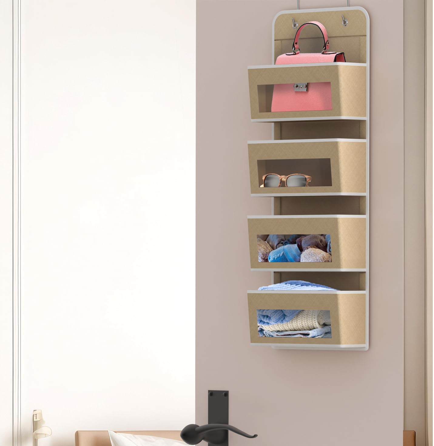 Simple Houseware 6 Clear Window Pocket Over Closet Door Storage Hanging Organizer for Bedroom, Bathroom, Pantry, Beige