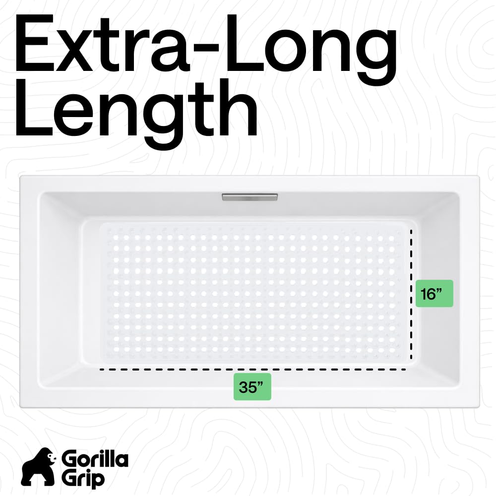 GORILLA GRIP Patented Bath Tub Shower Mat, Machine Washable Bathtub Floor Liner Mats, Suction Cups and Drain Holes to Keep Tubs Clean, Soft on Feet, Bathroom Essentials, 35x16 Inch, Clear