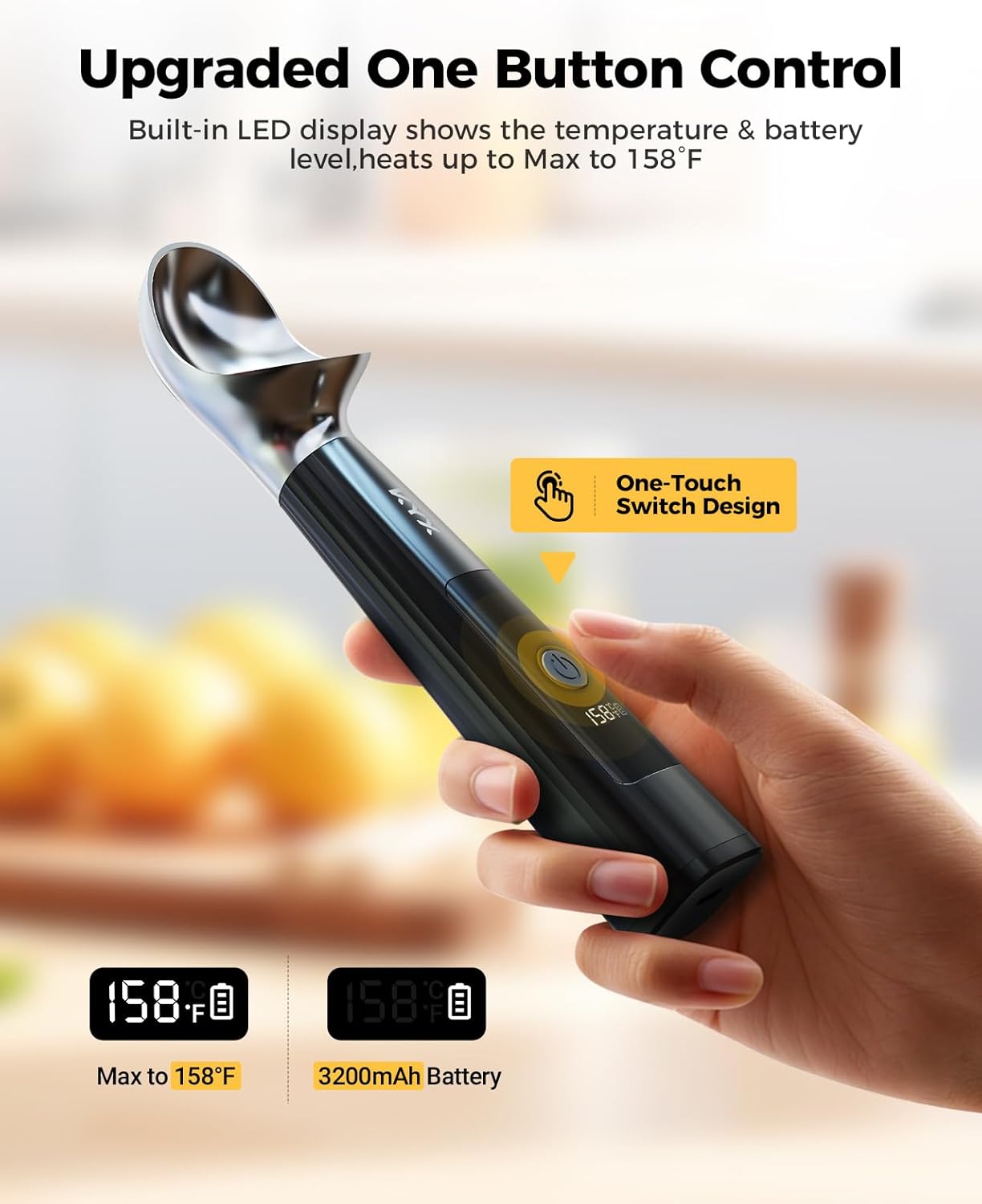 KYX Heated Ice Cream Scoop, Electric Ice Cream Scoop with 3 Temperature Settings, 3200mAh Battery, ON/OFF and LED Display, Ideal for Scooping Hard Ice Cream, Gelato & Frozen Desserts