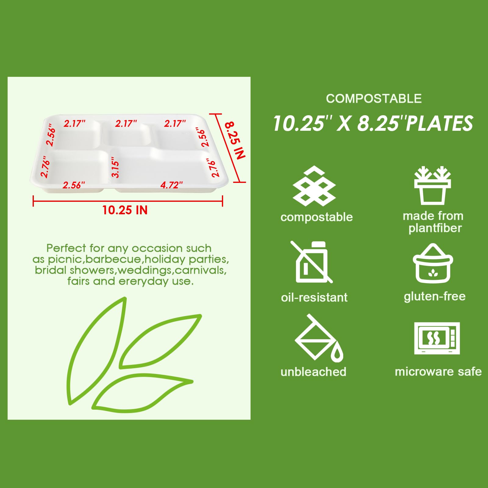 Vplus 100% Compostable 6 Compartment Plates, 90 Pack Compartment Paper Plate, 12.5x8.6 inch Disposable School Lunch Trays, Eco-Friendly Bagasse Plates for School Lunch, Buffet, and Party