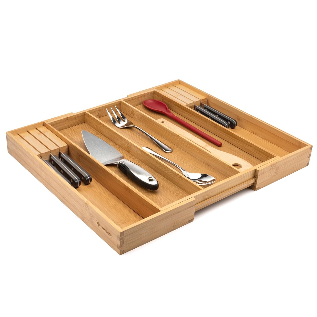 Purawood Bamboo Drawer Organizer - Expandable Silverware Organizer & Utensil Drawer Organizer, Cutlery Tray with Dividers, 7-9 Slots- Kitchen Organizer for Utensils & Flatware (Natural)