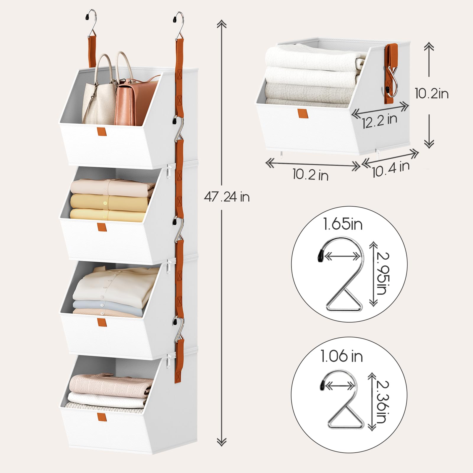 Homsorout Hanging Closet Organizer 4 Tier - Clothes Hanging Shelves, Space-Saving Closet System, Fabric Storage Bins Bedroom Organization, Collapsible Baskets for Home, Dorm, Rv, Beige