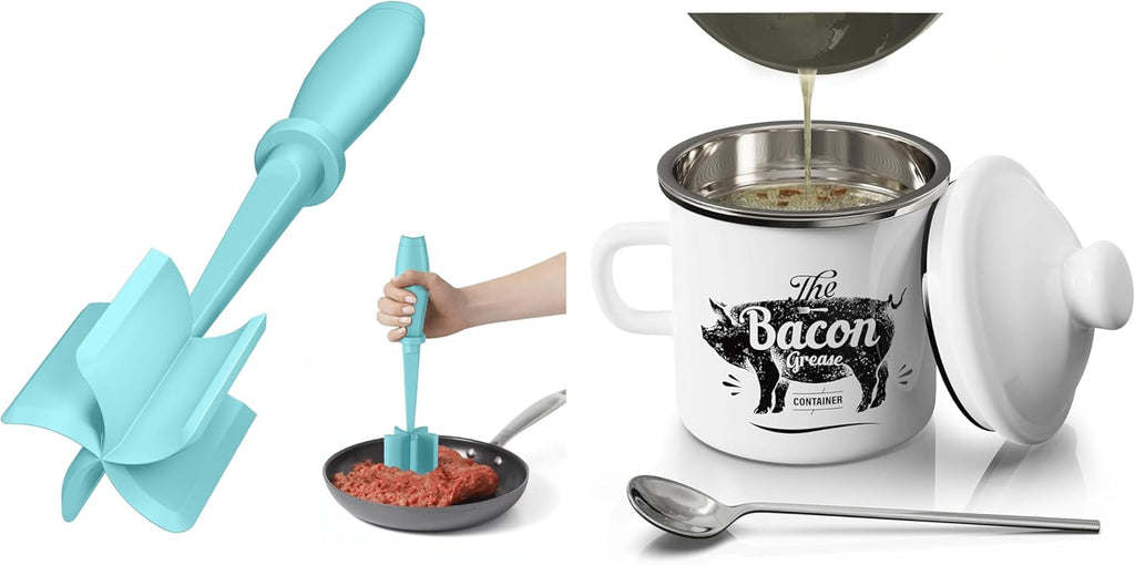 Blue Meat Chopper and White Mini 15OZ Bacon Grease Container