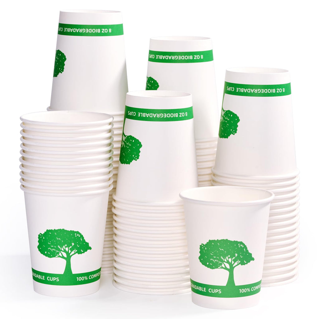 Vplus 400 Pack Compostable Paper Cups, 8 oz Paper Coffee Cups, Biodegradable Disposable Paper Cups, Eco-friendly Hot Drinking Cups for Party, Picnic,and Events