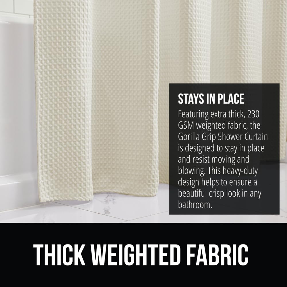 GORILLA GRIP Waffle Shower Curtain, Thick Weighted Fabric, Wrinkle and Rust Resistant, Classic Hotel Quality Design, Heavy Duty Long Curtains for Bathroom Showers, Bath Tubs, Machine Wash, 72x72 White