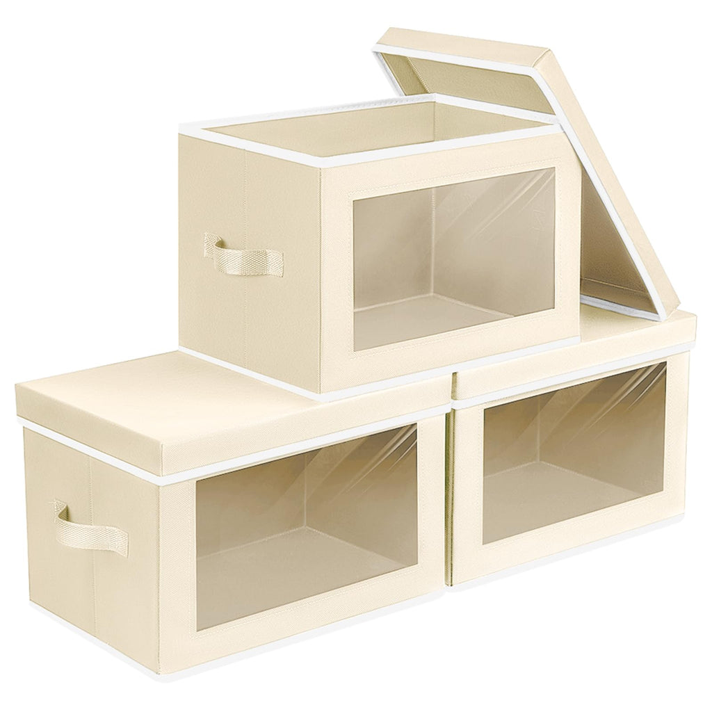 Homsorout Collapsible Storage Bins with Lids - Stackable Storage Containers with Window, 6 Pack Fabric Organizing Bins for Closet, Home & Office Organization Baskets, Beige, 14.9" x 9.8" x 9.8"