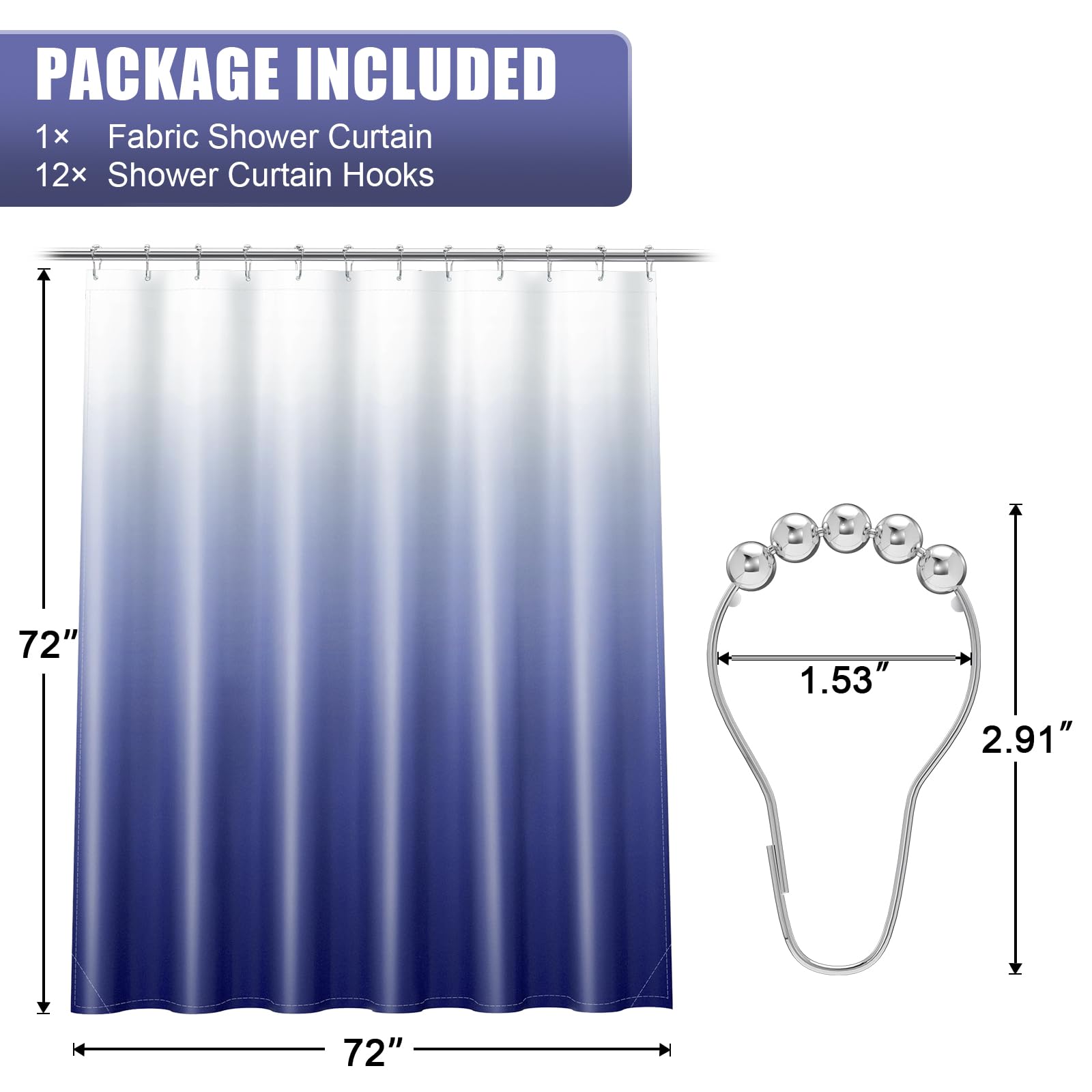 OLANLY Luxury Black and Grey Ombre Shower Curtain Sets with 12 Hooks, Waterproof and Washable Decorative Shower Curtains for Bathroom, 72x72 Inches
