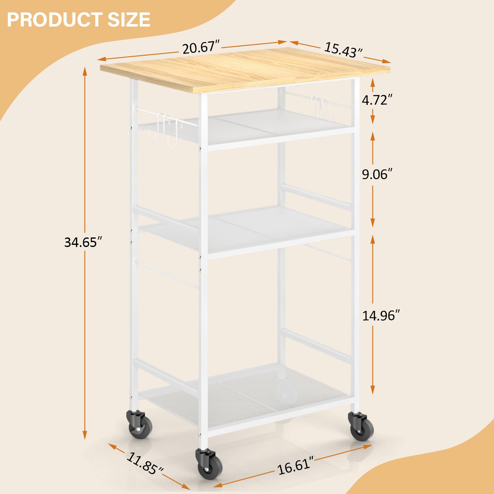 ThreeHio Rolling Kitchen Microwave Cart, 3 Tier Microwave Table Stand with Adjustable Shelf, Kitchen Storage Rack on Wheels, Coffee Station Cart Rack Shelf Organizer for Living Room Office, Balcony
