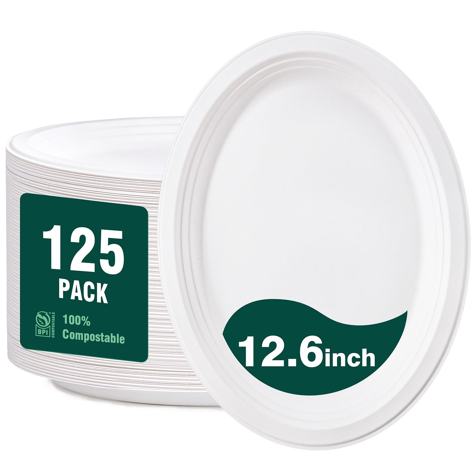 DaYammi 100% Compostable Oval Paper Plates 12 Inch, 60-Pack Heavy Duty Paper Plates Bulk,Biodegradable Bagasse,Eco-Friendly Disposable Dinner Plate for BBQ,Picnic,Party (BPI Certified,Microwaveable)