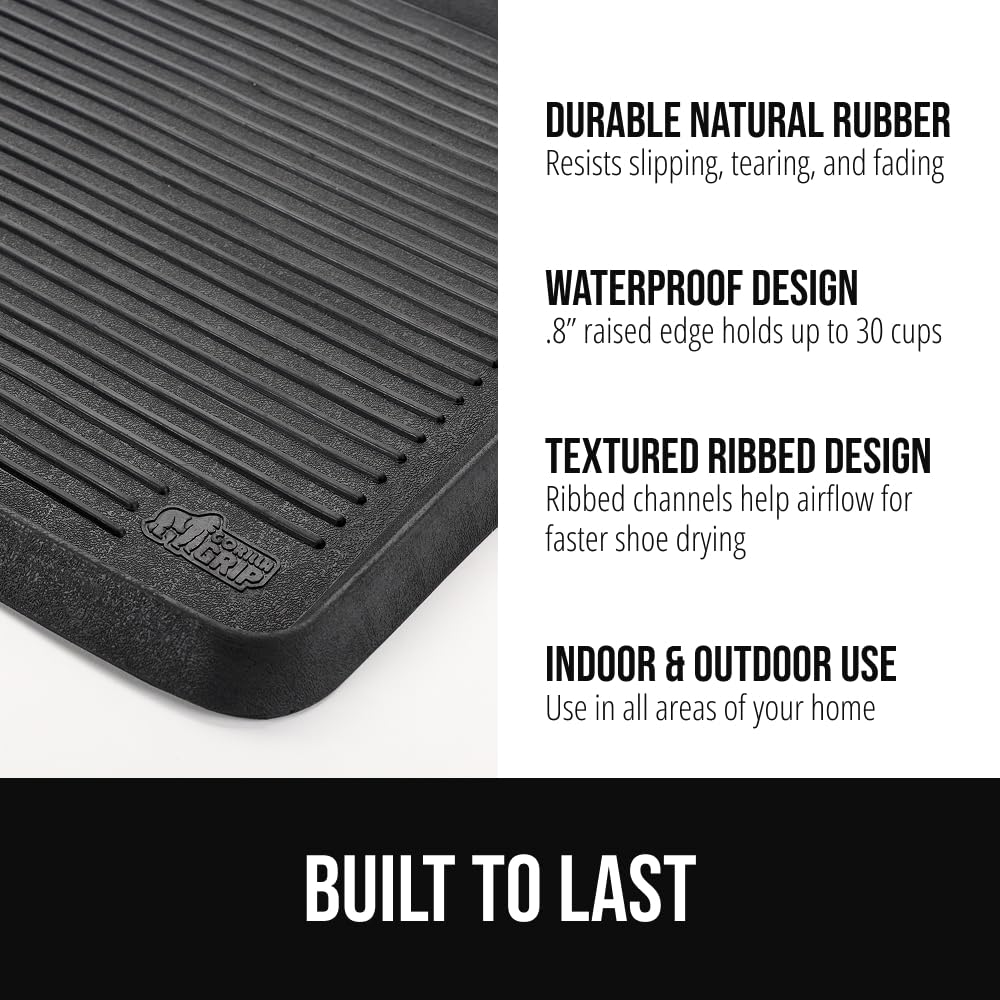 GORILLA GRIP Natural Rubber Indoor Outdoor Boot Tray for Shoes, 32x16, Waterproof Winter Mat with Raised Edges, Handles, Tear Resistant Heavy Duty Home Garage Floor Mats, Easy Clean Shoe Trays, Black