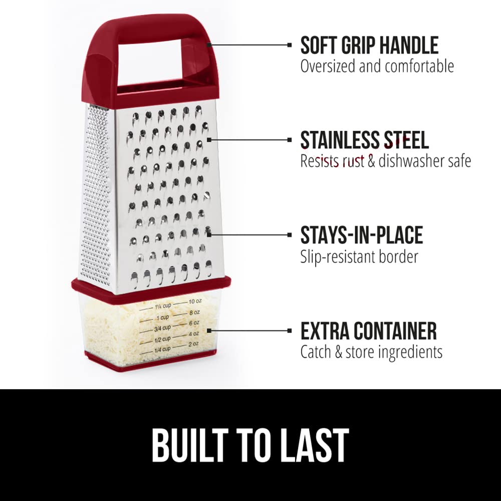 GORILLA GRIP 4-Sided Stainless Steel Cheese Grater With Container, 100% BPA-Free Box Grater, Slip Resistant Base and Handle, Grate Parmesan, Hard Cheeses, Shred Vegetables, Dishwasher Safe, Black
