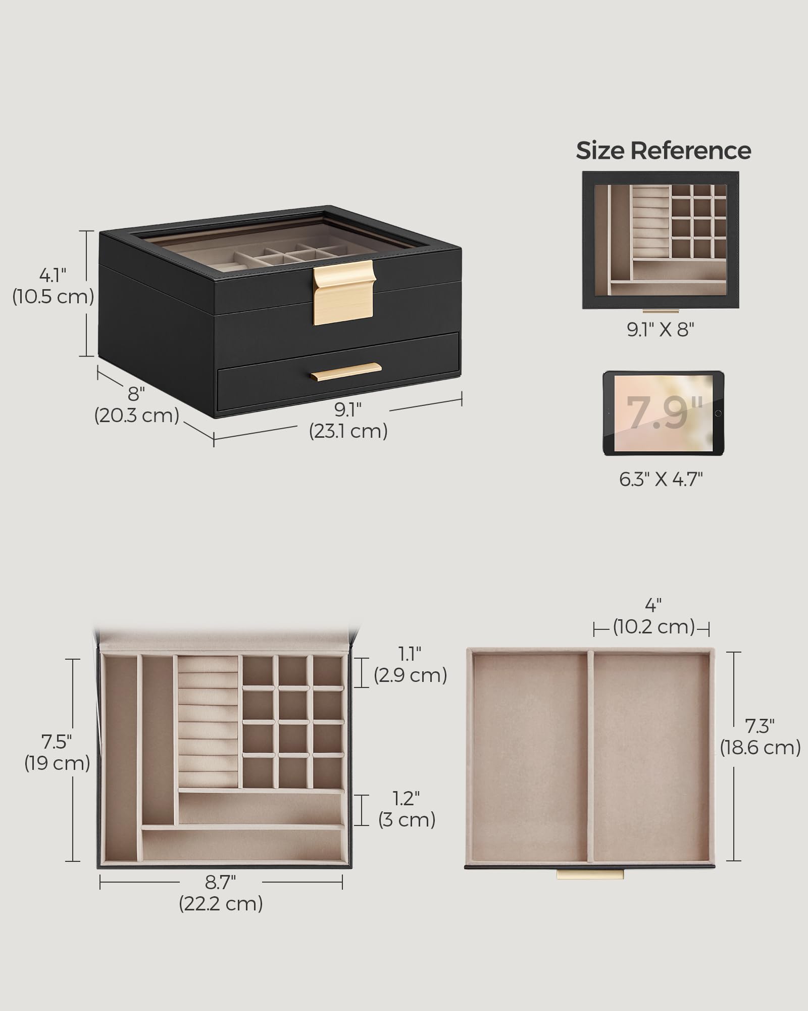 SONGMICS GISELLA Collection - Jewelry Box Organizer, 3-Layer Jewelry Storage with 2 Drawers, Shiny Metal Hardware, Glass Lid, Modern, 8 x 9.1 x 5.3 Inches, Cloud White and Gold Color UJBC239WT
